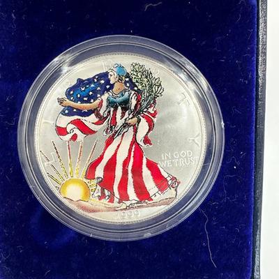 Proof Walking Liberty Silver Dollar 1999 with color enameling & original case