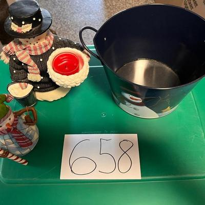 Snowman bundle-Snowman Tin Bucket, Snowman Tea Light Candle Holder & Snowman Candy Cane