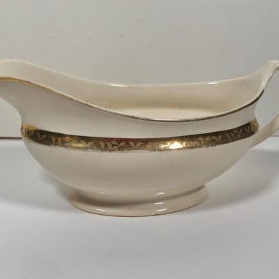 LOT 59: The Etched Design S P Co USA 14K Gold Decorated Gravy Boat, Gold Rimmed Stemware, Gold Leaf Pitcher & Green and Gold Candy Bowl