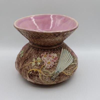 Antique Majolica Decorated Cuspidor Shaped Vase, Signed JH