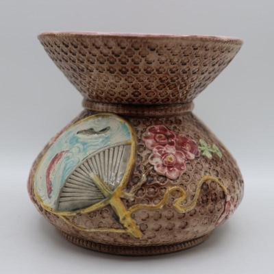 Antique Majolica Decorated Cuspidor Shaped Vase, Signed JH
