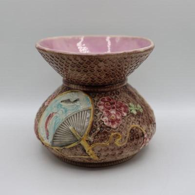 Antique Majolica Decorated Cuspidor Shaped Vase, Signed JH