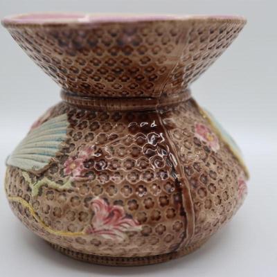 Antique Majolica Decorated Cuspidor Shaped Vase, Signed JH
