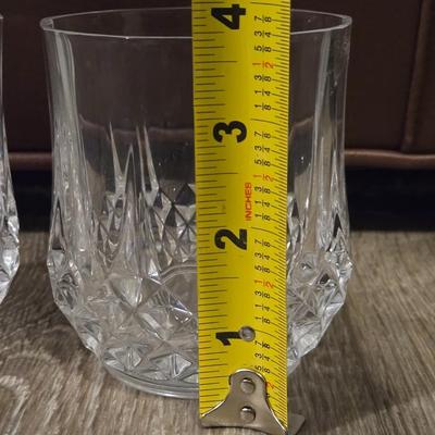 2 Red Coffee Cups and 2 Cut Glass Rocks Glasses