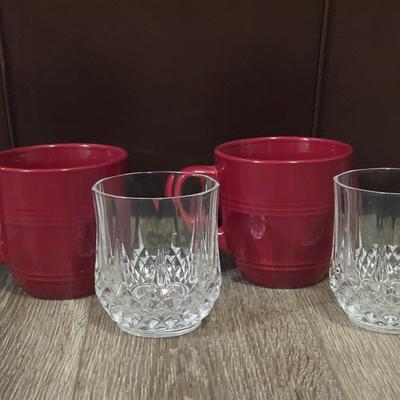 2 Red Coffee Cups and 2 Cut Glass Rocks Glasses