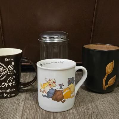 Mixed Lot of Coffee Cups and Glass Sugar Dispenser