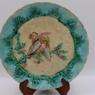 Antique MAJOLICA Plate with Parrots on Flowered Branch