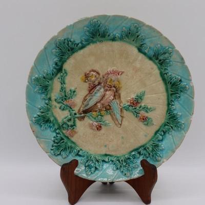 Antique MAJOLICA Plate with Parrots on Flowered Branch