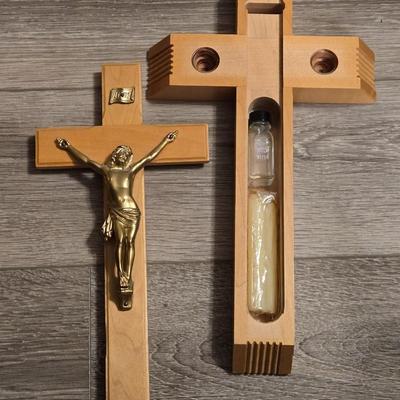 Vintage Divinity Wooden Crucifix Cross Sick Call Set with Holy Water Bottle + Candles