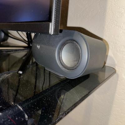 MONOPRICE 27” MONITOR, LOGI COMPUTER SPEAKERS, CANON MULTIFUCTION PRINTER WITH GLASS TOP COMPUTER DESK