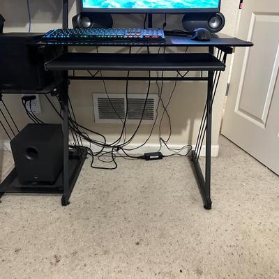 MONOPRICE 27” MONITOR, LOGI COMPUTER SPEAKERS, CANON MULTIFUCTION PRINTER WITH GLASS TOP COMPUTER DESK