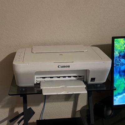 MONOPRICE 27” MONITOR, LOGI COMPUTER SPEAKERS, CANON MULTIFUCTION PRINTER WITH GLASS TOP COMPUTER DESK
