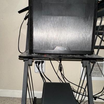 MONOPRICE 27” MONITOR, LOGI COMPUTER SPEAKERS, CANON MULTIFUCTION PRINTER WITH GLASS TOP COMPUTER DESK