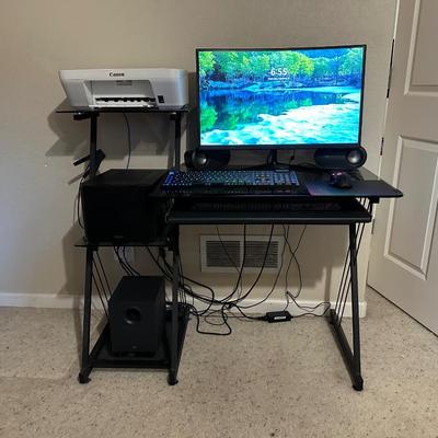 MONOPRICE 27” MONITOR, LOGI COMPUTER SPEAKERS, CANON MULTIFUCTION PRINTER WITH GLASS TOP COMPUTER DESK
