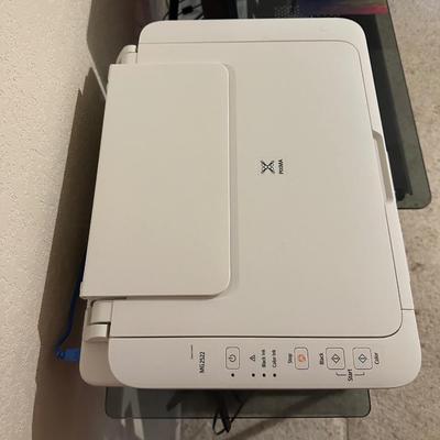 MONOPRICE 27” MONITOR, LOGI COMPUTER SPEAKERS, CANON MULTIFUCTION PRINTER WITH GLASS TOP COMPUTER DESK
