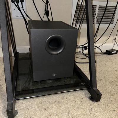 MONOPRICE 27” MONITOR, LOGI COMPUTER SPEAKERS, CANON MULTIFUCTION PRINTER WITH GLASS TOP COMPUTER DESK
