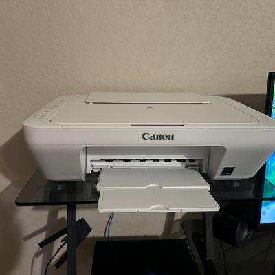 MONOPRICE 27” MONITOR, LOGI COMPUTER SPEAKERS, CANON MULTIFUCTION PRINTER WITH GLASS TOP COMPUTER DESK