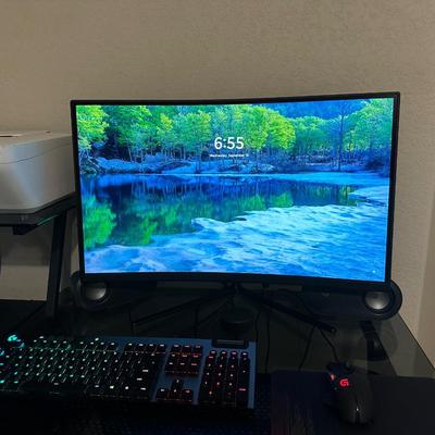 MONOPRICE 27” MONITOR, LOGI COMPUTER SPEAKERS, CANON MULTIFUCTION PRINTER WITH GLASS TOP COMPUTER DESK