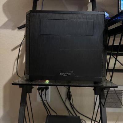 MONOPRICE 27” MONITOR, LOGI COMPUTER SPEAKERS, CANON MULTIFUCTION PRINTER WITH GLASS TOP COMPUTER DESK