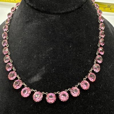 Deco, pink, crystal rhinestone, and sterling necklace