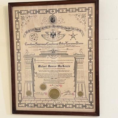1929 c. 1944 Freemason Masonic Degree Certificate Framed