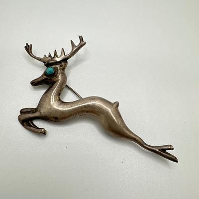 Vintage Mexican, silver and turquoise deer pin