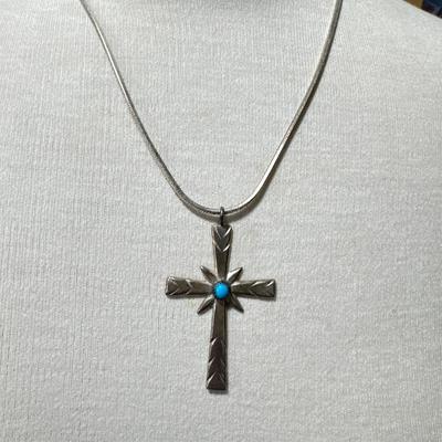 Hand made Unmarked Silver & Turquoise cross necklace