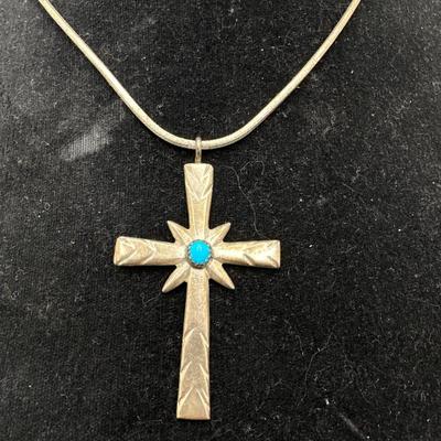 Hand made Unmarked Silver & Turquoise cross necklace