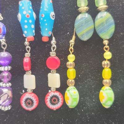 12 Pairs Handmade Art Glass Bead Earrings on Display Stand