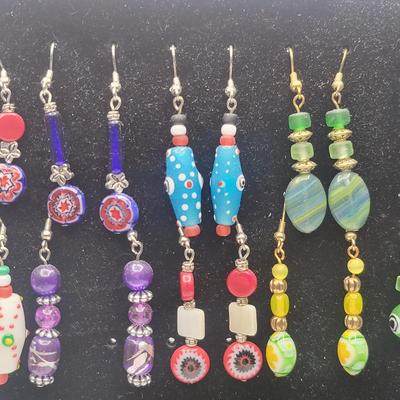 12 Pairs Handmade Art Glass Bead Earrings on Display Stand