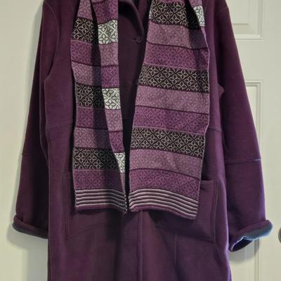 Purple Knee Length Fleece Jacket & Knit Scarf