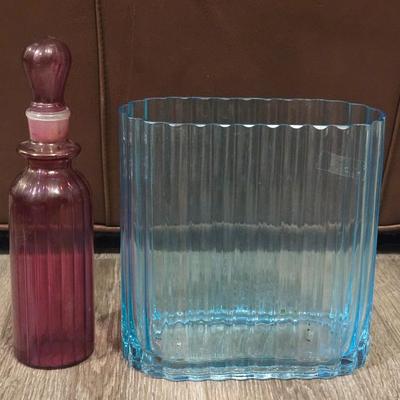 Blue Glass Vase and Antique Perfume Style Bottle