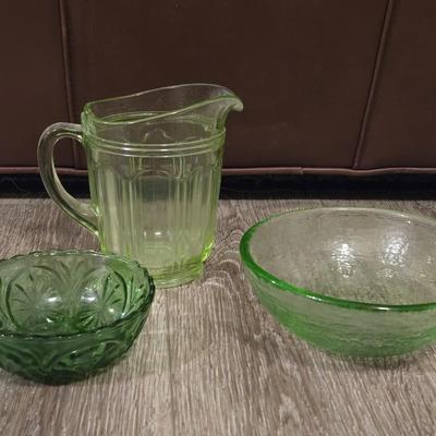 Antique & Vintage Green Glass Pitcher & Bowls