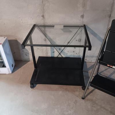 FOLDING STEP STOOL, GLASS TOP SIDE TABLE AND PLASTIC DRAWER