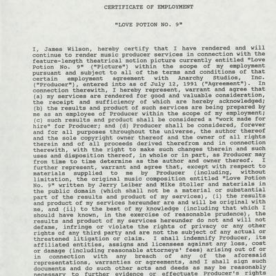 Love Potion No 9 James Wilson signed contract. GFA Authenticated