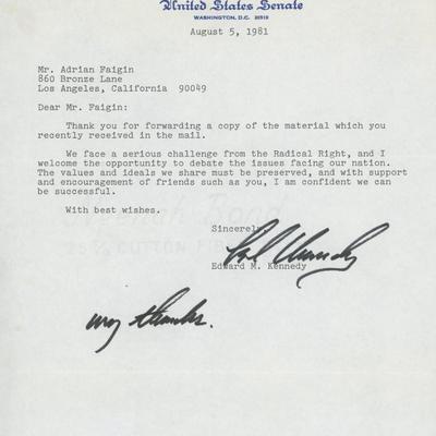 Edward M. Kennedy signed letter. GFA Authenticated
