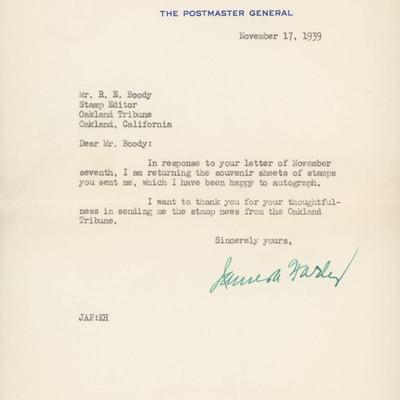 James A. Farley signed letter
