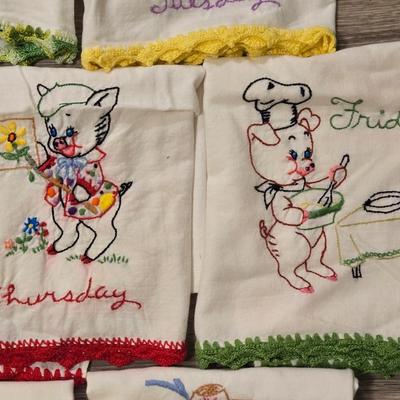 Vintage Needlework Pig Dish Towels 7 Days