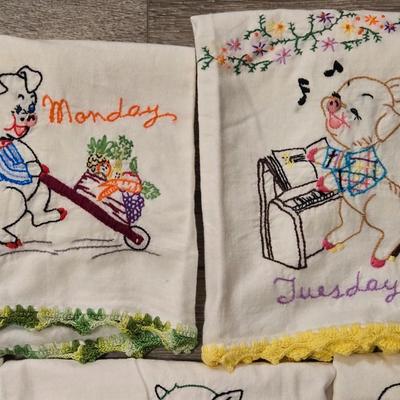 Vintage Needlework Pig Dish Towels 7 Days