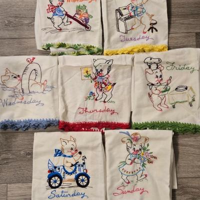 Vintage Needlework Pig Dish Towels 7 Days