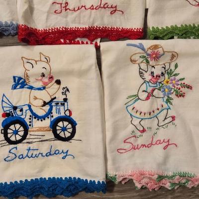 Vintage Needlework Pig Dish Towels 7 Days