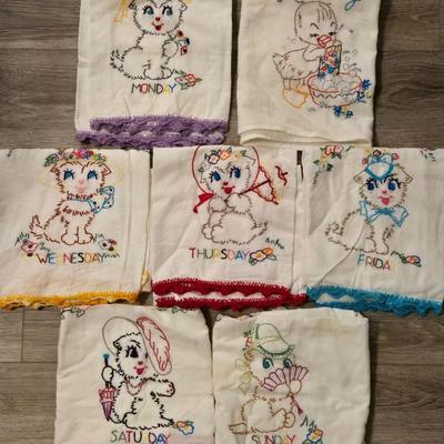 Vintage Needlework Cat and a Duck Dish Towels