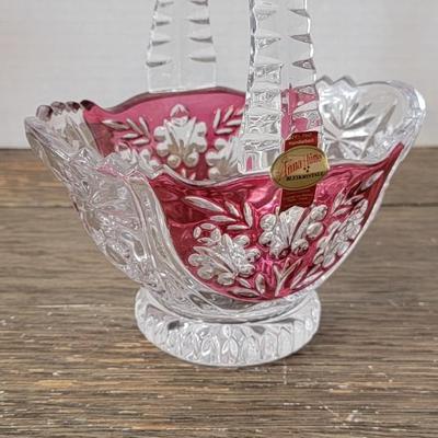 Anna Hütte Bleikristall German Lead Crystal Basket Candy Dish Cut Red Clear