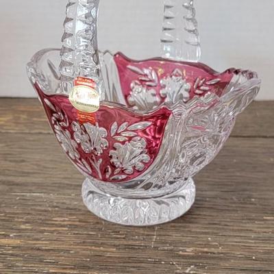 Anna Hütte Bleikristall German Lead Crystal Basket Candy Dish Cut Red Clear