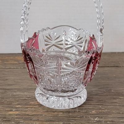 Anna Hütte Bleikristall German Lead Crystal Basket Candy Dish Cut Red Clear