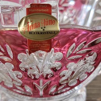 Anna Hütte Bleikristall German Lead Crystal Basket Candy Dish Cut Red Clear