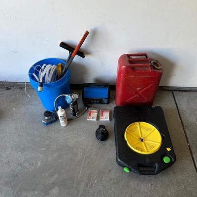 JERRY GAS CAN, SHIP N SHORE SPEED CHARGER, A/C PRO RECHARGE, GARAGEBOSS OIL PAN, FUNNELS AND CAR WASH ITEMS