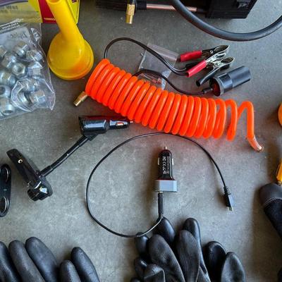 GSPSCN PROFESSIONAL TIRE INFLATOR, LUG NUTS, OIL AND FUEL FILTER, GLOVES, MUFFLER CLAMP AND OTHER ITEMS