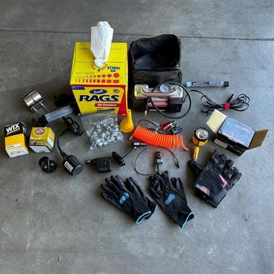 GSPSCN PROFESSIONAL TIRE INFLATOR, LUG NUTS, OIL AND FUEL FILTER, GLOVES, MUFFLER CLAMP AND OTHER ITEMS
