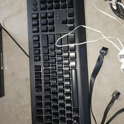 PC TOWER, KEYBOARD, FANS AND CORDS